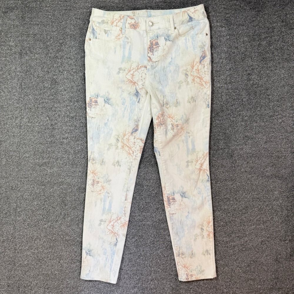 Chicos Platinum Jegging Floral Print Slim Leg Denim Pants White Blue Peach 0.5 S